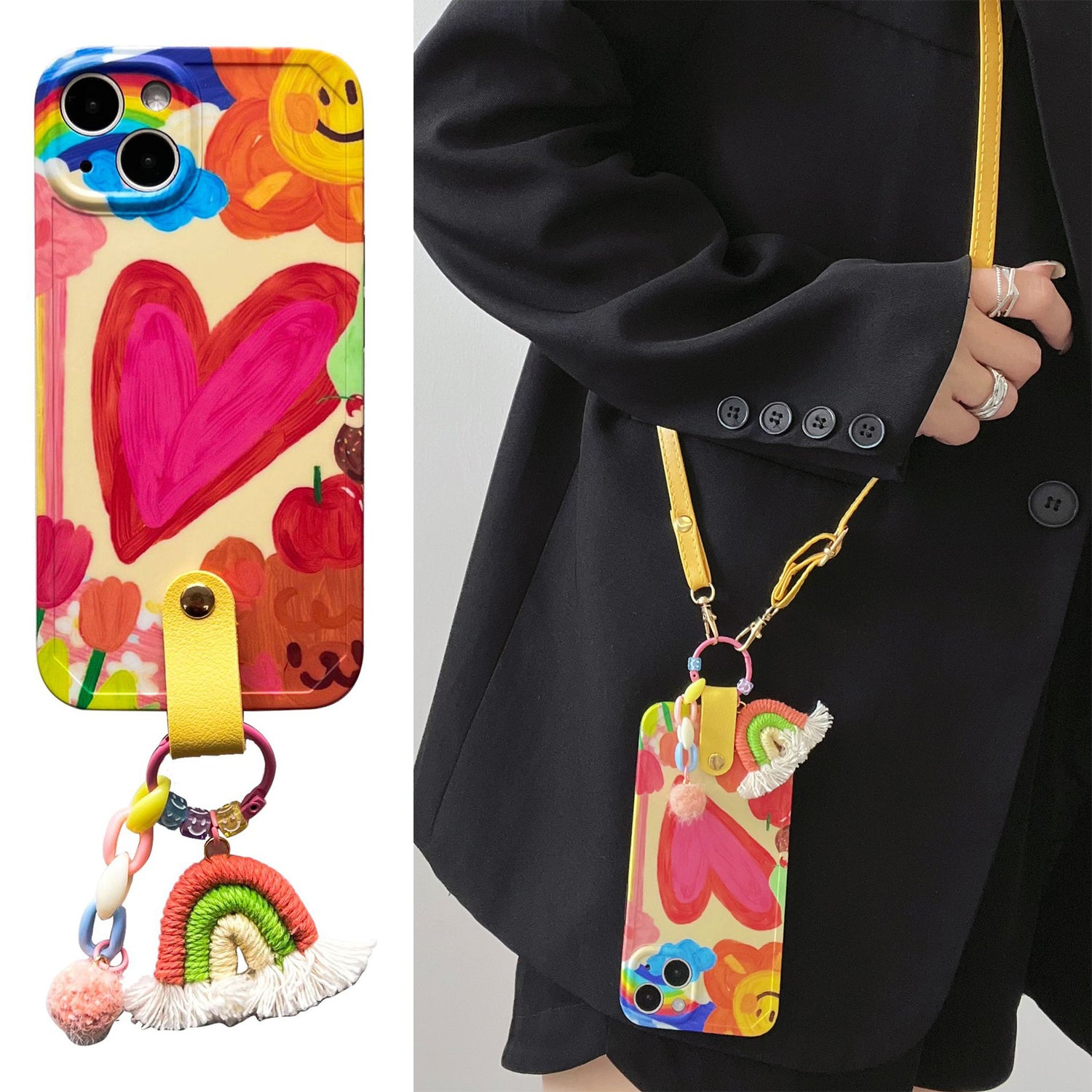 Phone Case For iPhone 14 Plus TPU Phone Cover Heart Pattern Shell with Rainbow Decor Leather Shoulder Strap Phone Case For iPhone 14 Plus TPU Phone Cover Heart Pattern Shell with Rainbow Decor Leather Shoulder Strap